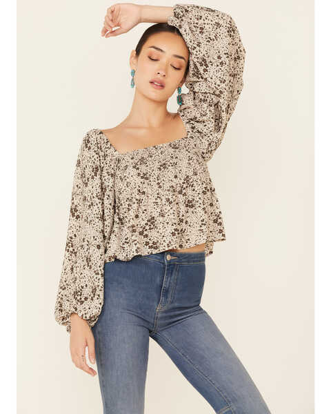 By Together Women's Floral Print Smocked Long Sleeve Crop Top , Taupe, hi-res