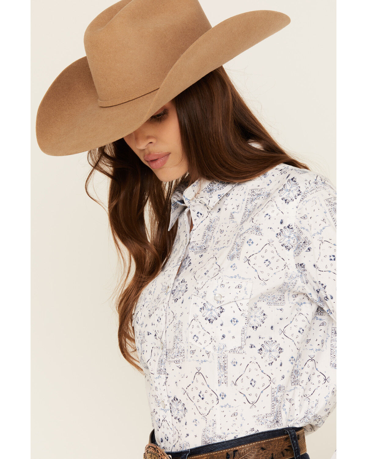 Image #2 - Rough Stock by Panhandle Women's Bandana Print Long Sleeve Pearl Snap Stretch Western Shirt, Blue, hi-res
