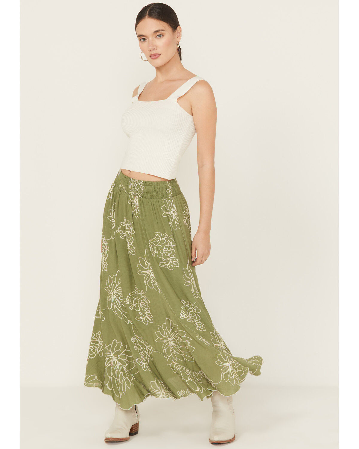Image #1 - Wild Moss Women's Embroidered Midi Skirt, Olive, hi-res