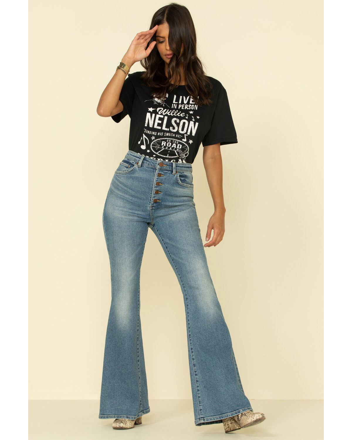 button front flare jeans