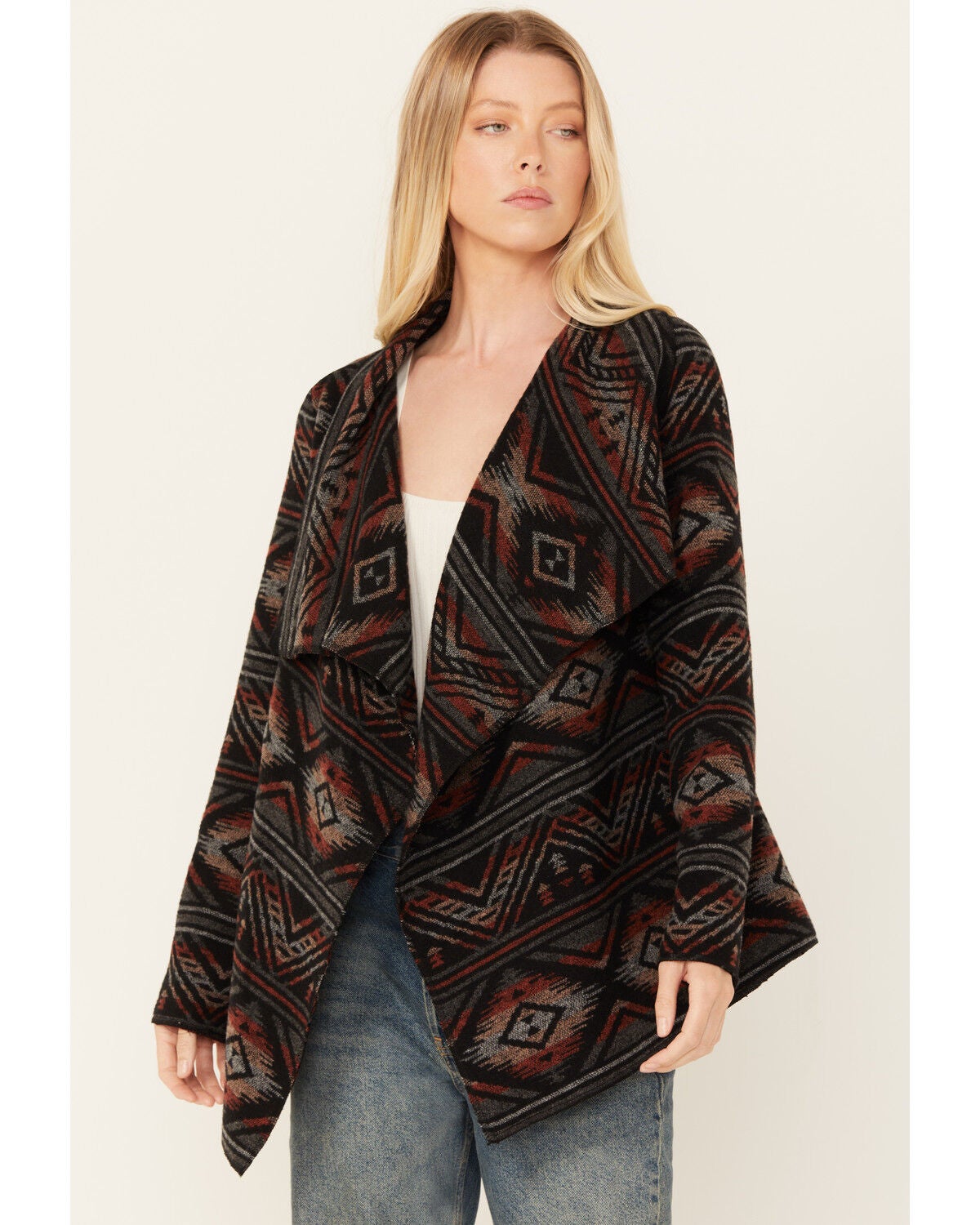 Cripple Creek Women's Southwestern print Blanket Wrap Jacket, Black, hi-res