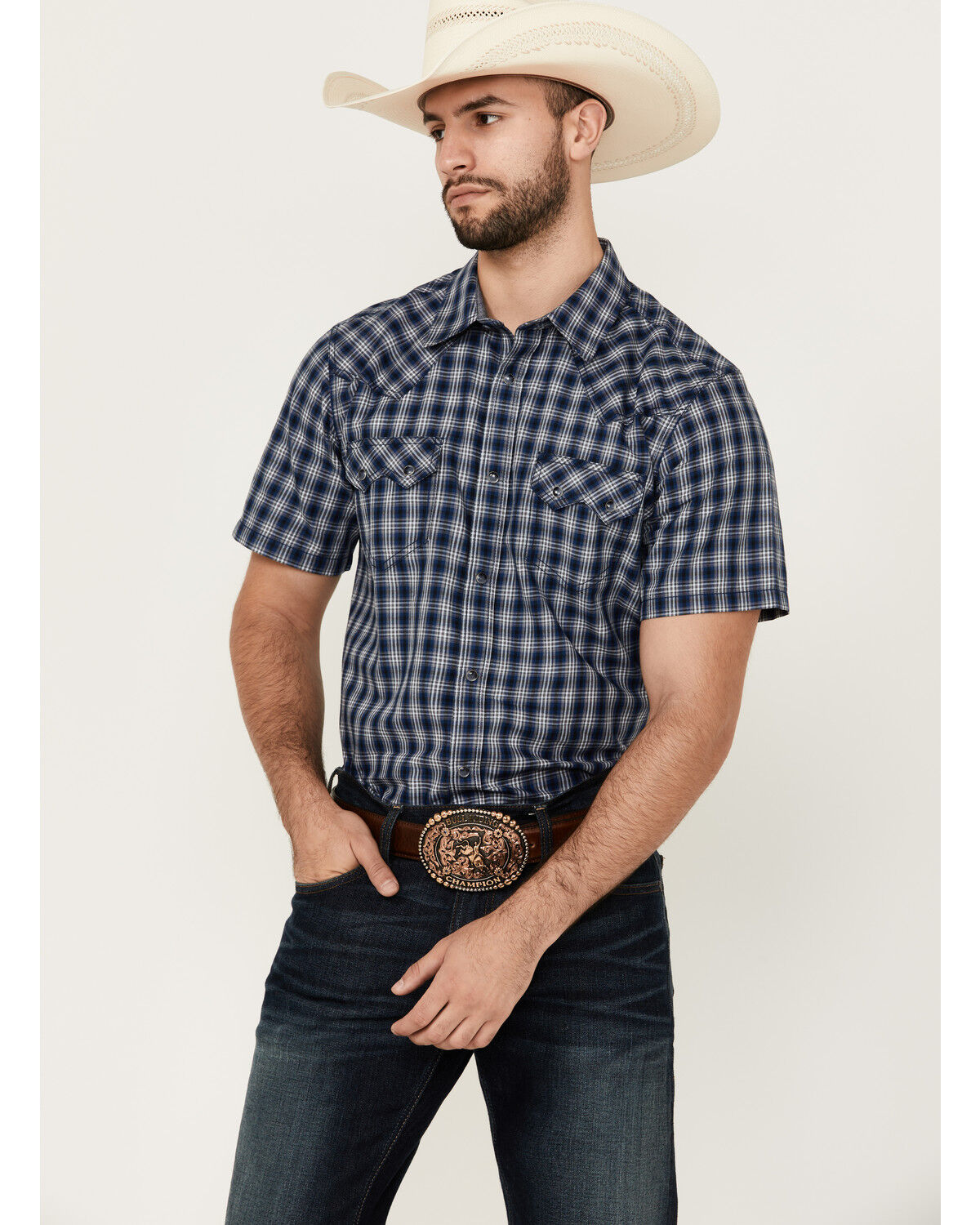 Image #1 - Cody James Men's Salud Plaid Print Short Sleeve Snap Western Shirt, Navy, hi-res