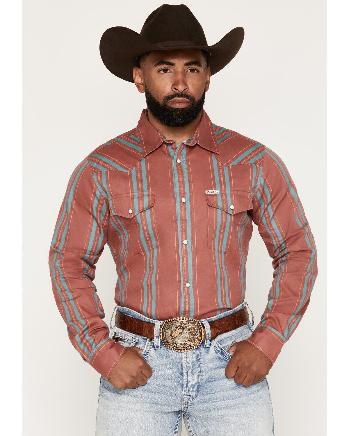 Image #1 - Sendero Provisions Men's Wyatt Stripe Print Long Sleeve Snap Western Shirt, Pink, hi-res