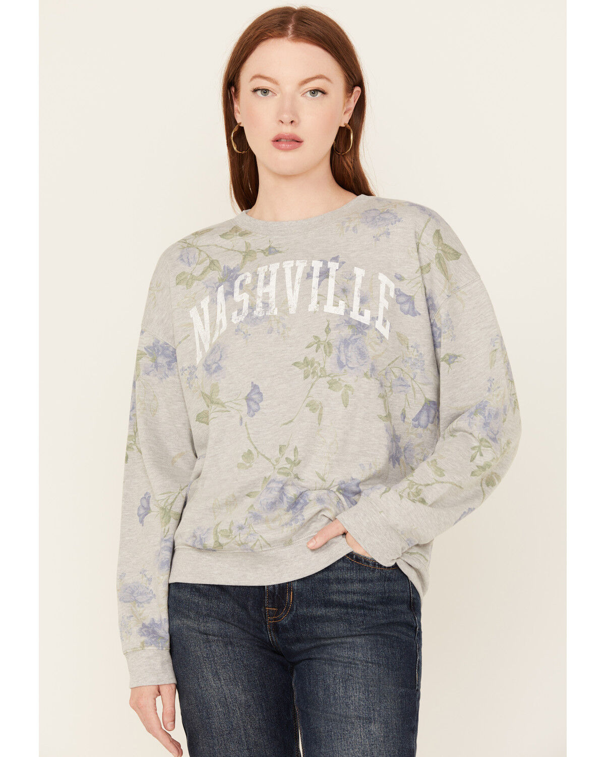 Image #1 - Originality Women's Nashville Floral Print Long Sleeve Shirt, Grey, hi-res