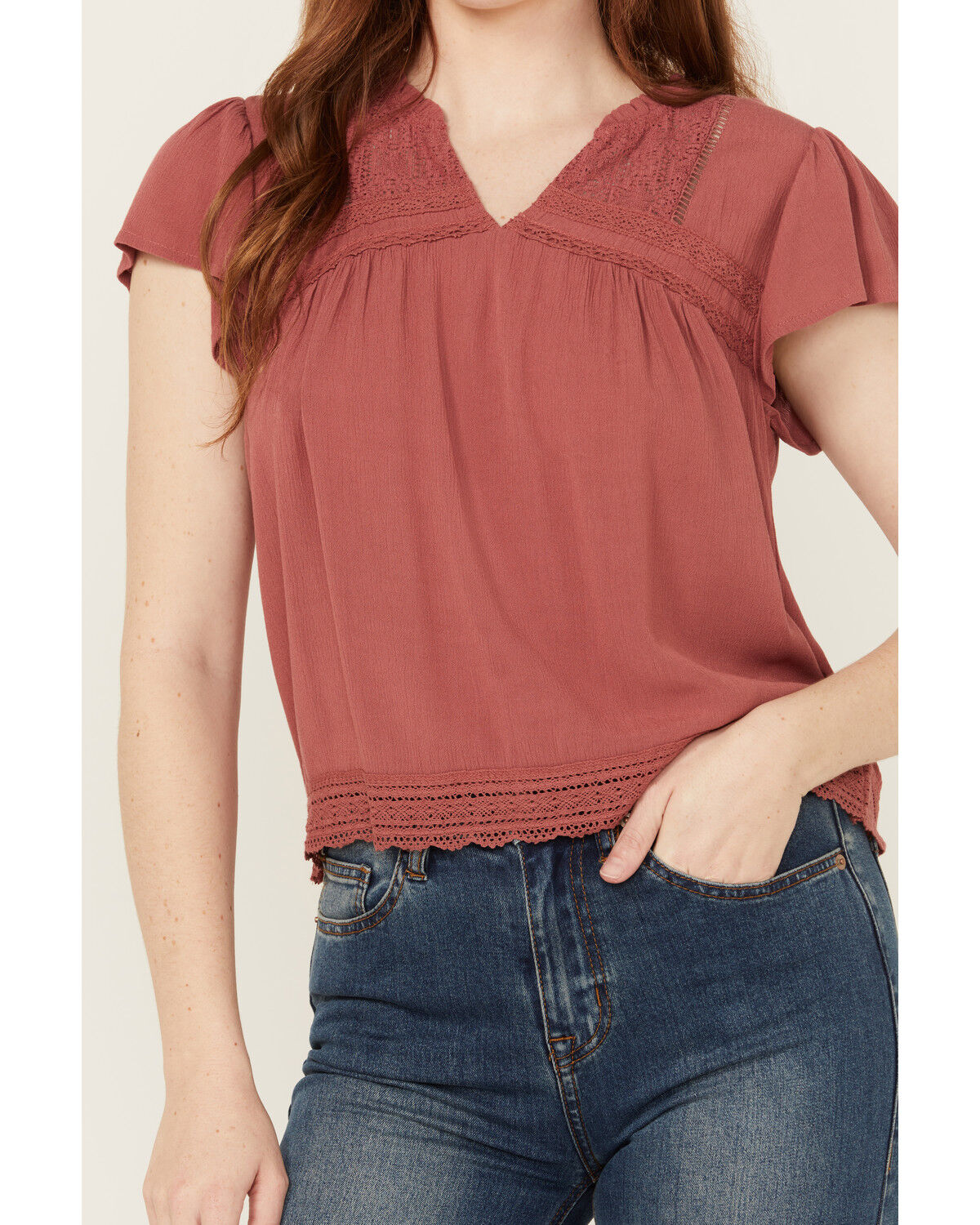 Image #3 - Jolt Women's Lace Trim Flutter Short Sleeve Top, , hi-res