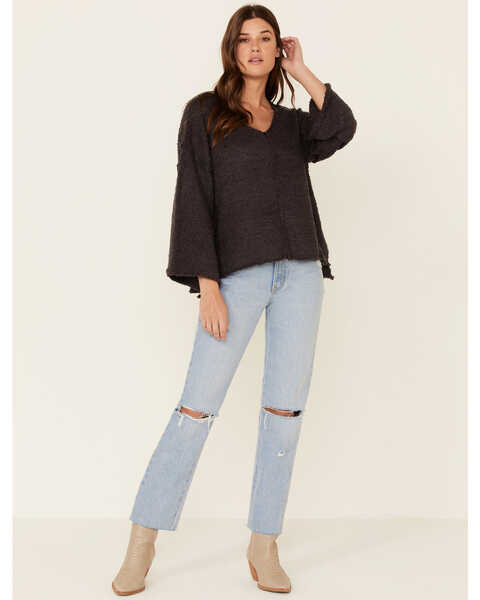 Very J Women's Knit Hi-Low Bell Sleeve Sweater , Charcoal, hi-res