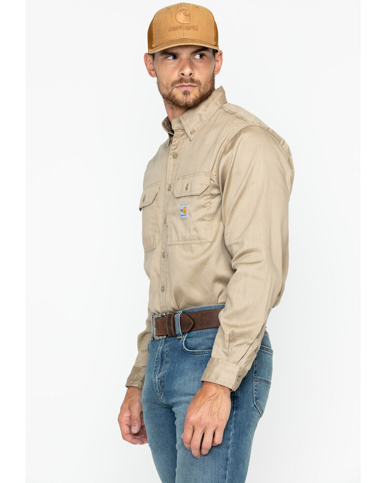 Carhartt Men's Flame Resistant Solid Twill Long Sleeve Work Shirt, Khaki, hi-res