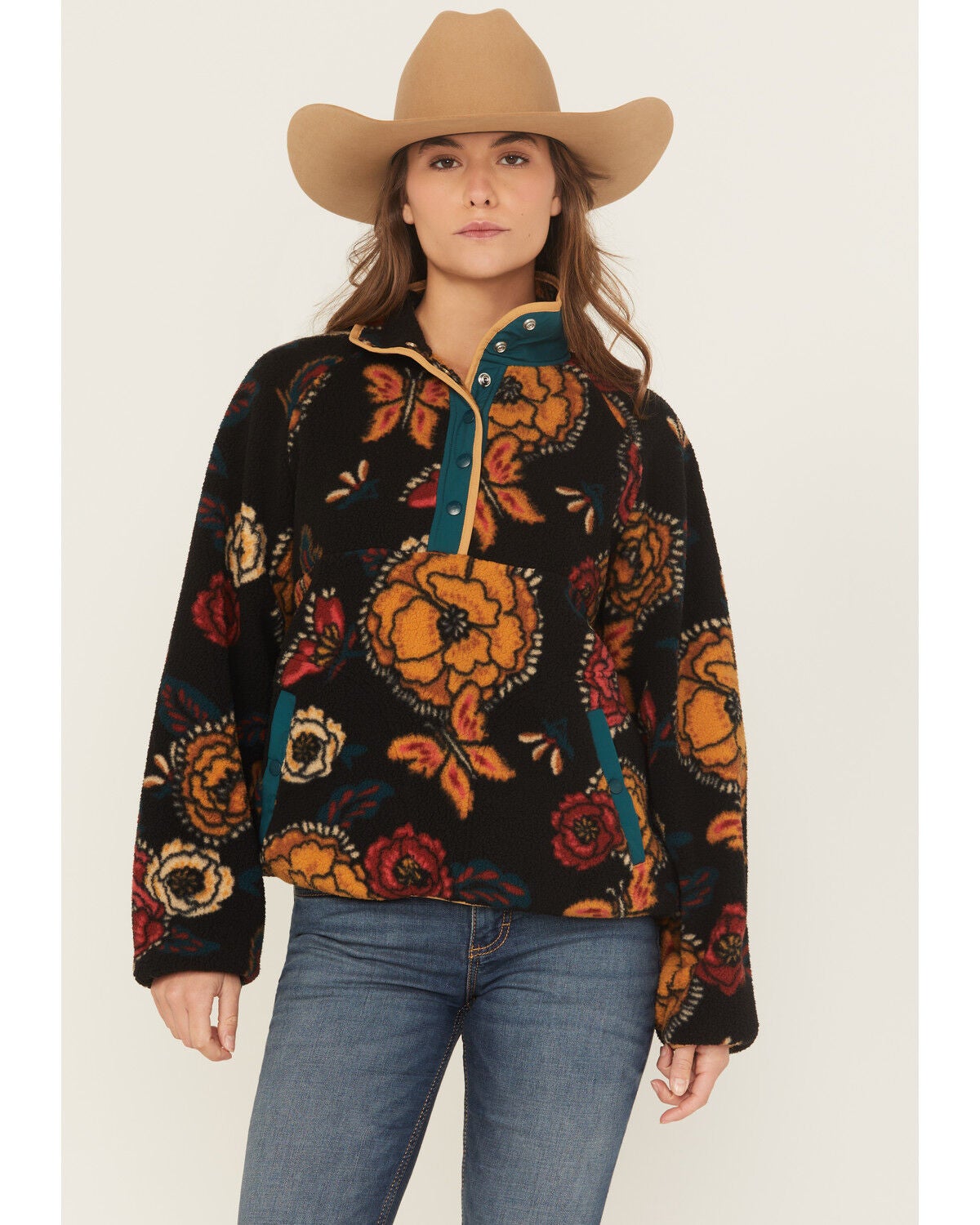 Image #2 - Wrangler Retro Women's Floral Print Sherpa Pullover, Black, hi-res
