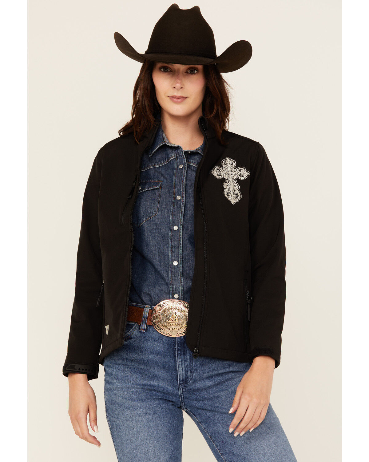 Image #1 - Cowgirl Hardware Women's Steel Cross Softshell Jacket, Black, hi-res
