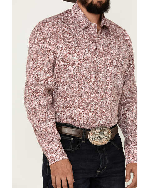 Image #3 - Roper Men's Amarillo Paisley Print Long Sleeve Pearl Snap Stretch Western Shirt , Red, hi-res