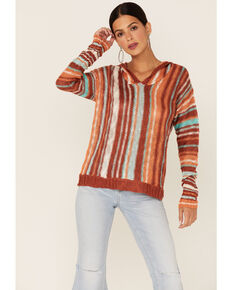 Rock & Roll Denim Women's Rust Knitted Stripe Hoodie , Rust Copper, hi-res