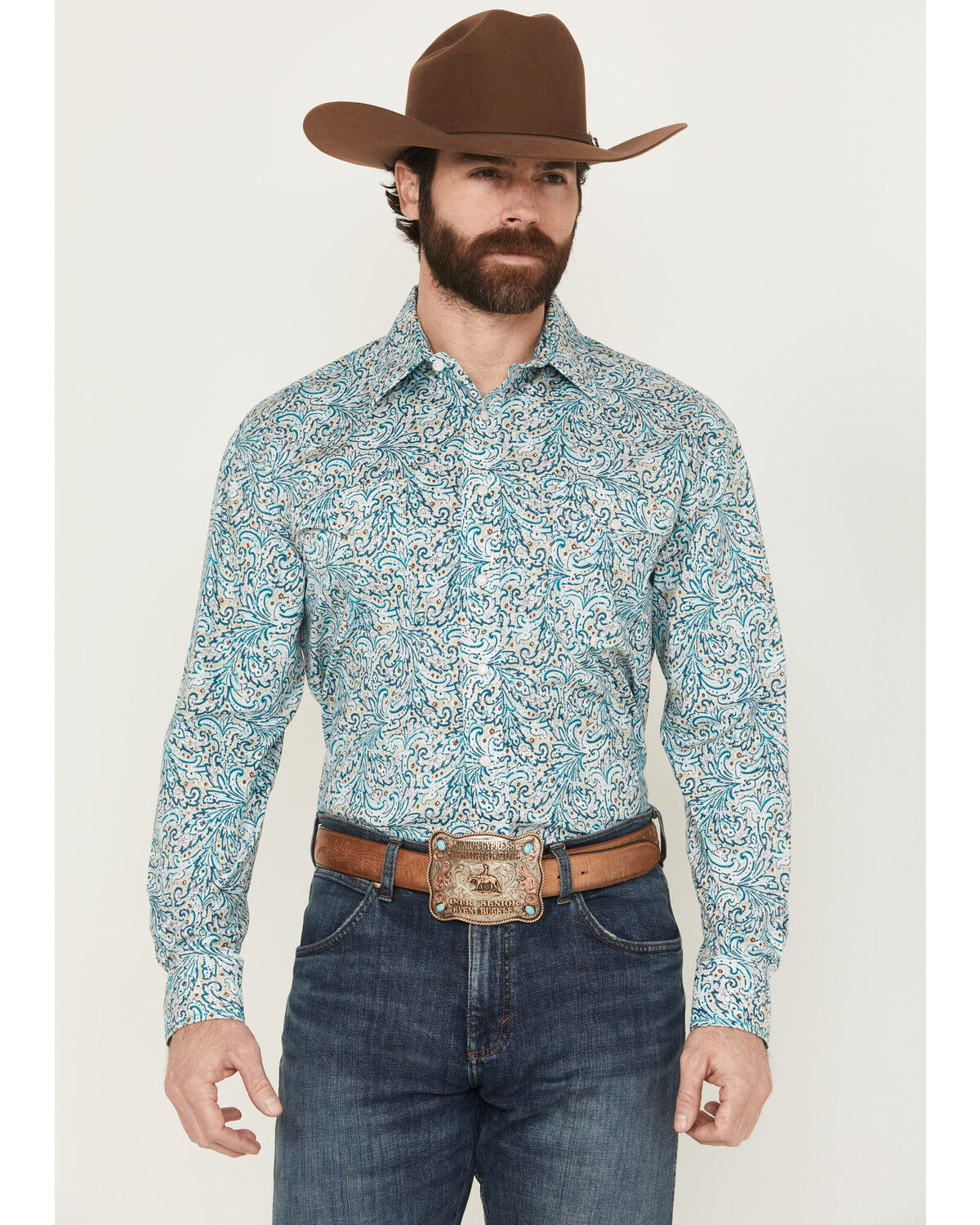 Image #1 - Panhandle Men's Paisley Print Long Sleeved Pearl Snap Western Shirt, Turquoise, hi-res