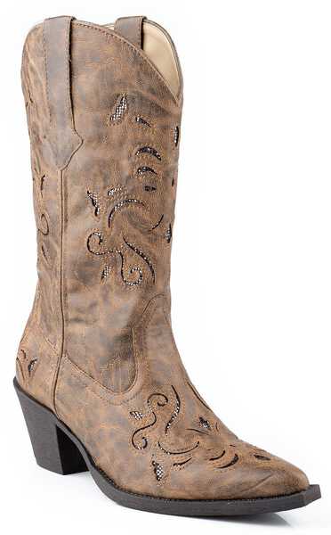 Image #1 - Roper Vintage Glittery Inlay Cowgirl Boots - Snip Toe, Tan, hi-res