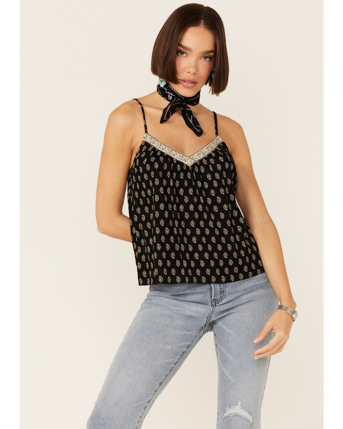 Image #1 - Patrons of Peace Women's Dot Print Neck Trim Cami, Black, hi-res
