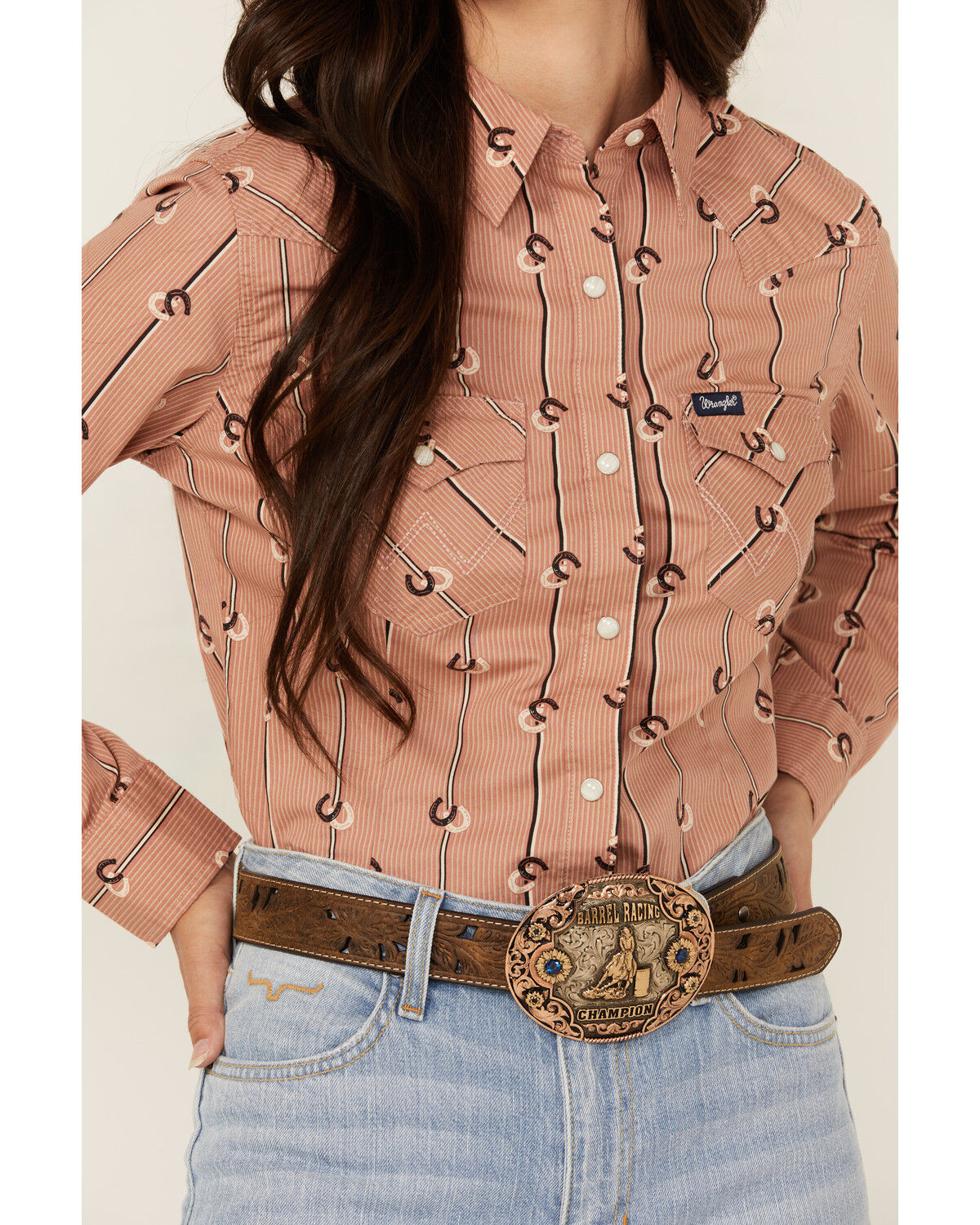 Image #3 - Wrangler Retro Women's Horseshoe Striped Print Long Sleeve Snap Western Shirt, Rose, hi-res