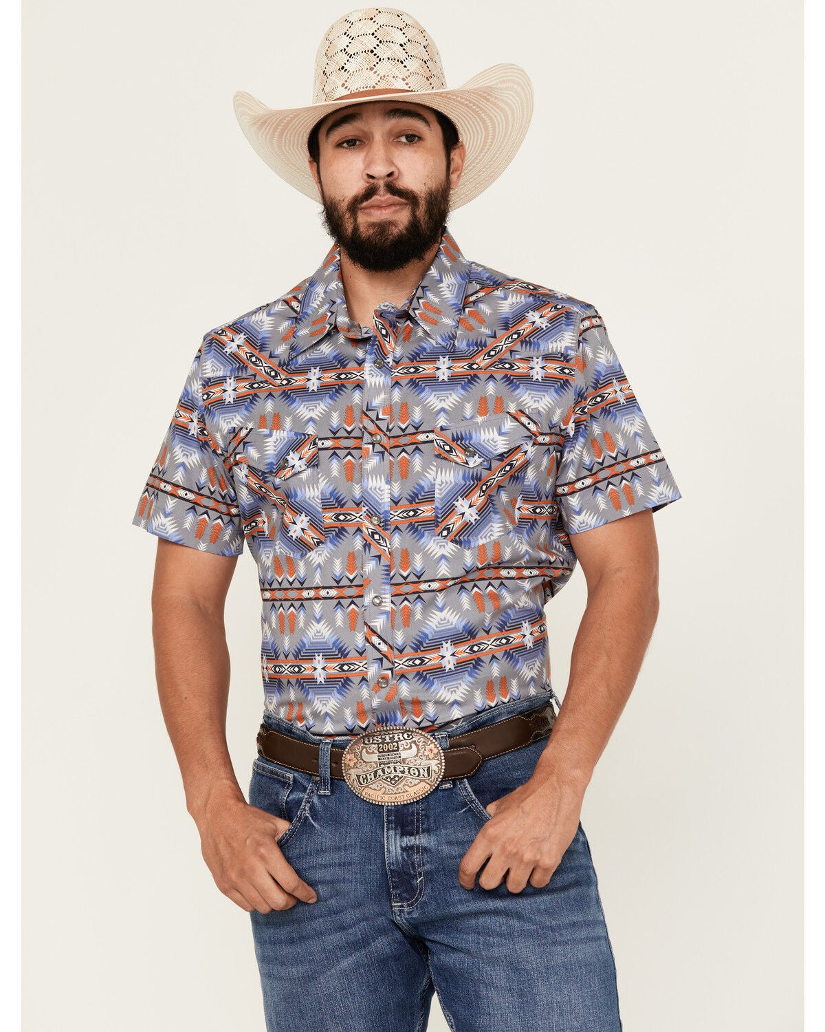 Image #1 - Rock & Roll Demin Men's Southwestern Print Short Sleeve Pearl Snap Stretch Western Shirt, Grey, hi-res