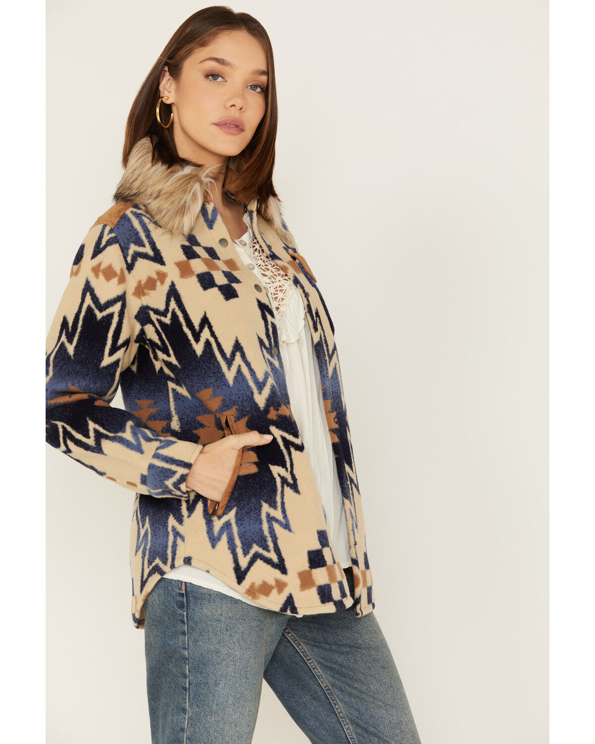 Image #2 - Tasha Polizzi Women's The Mountain Shirt Southwestern Print Faux Fur Collar Jacket, Blue, hi-res
