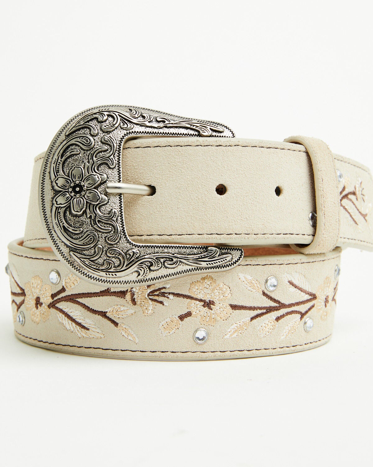 Shyanne Women's Corrine Floral Embroidered Leather Belt, Cream, hi-res