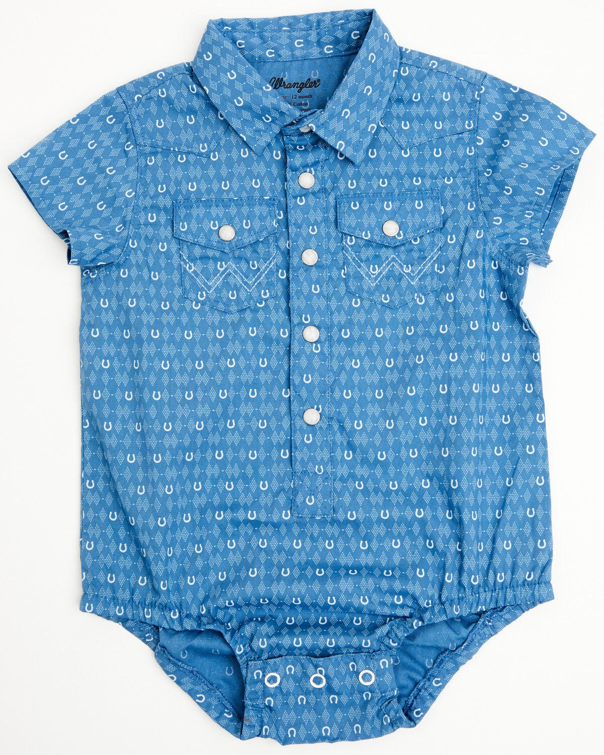 Image #1 - Wrangler Infant Boys' Boot Barn Exclusive Horseshoe Print Short Sleeve Snap Onesie, Blue, hi-res