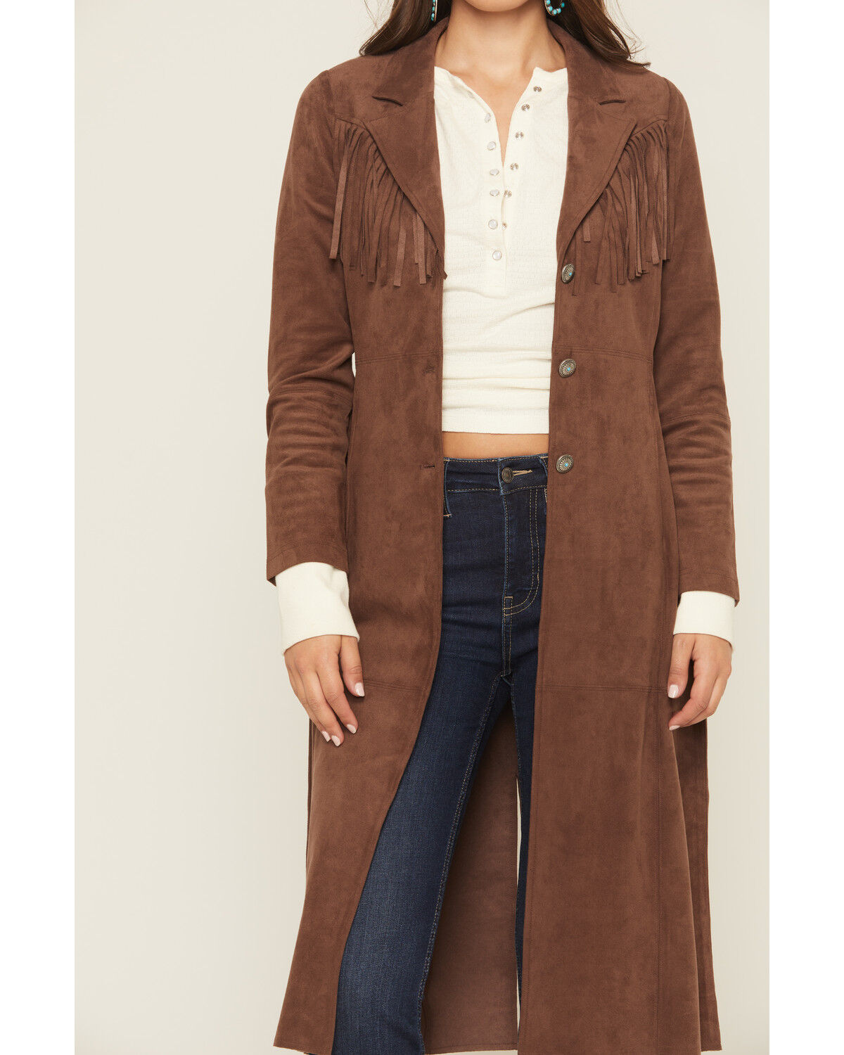 Image #2 - Shyanne Women's Faux Suede Fringe Trench Coat, Brown, hi-res