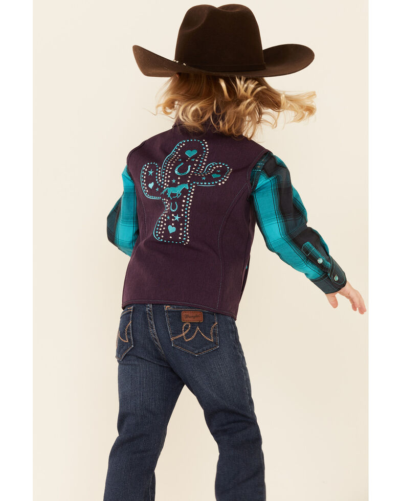 Cowgirl Hardware Girls' Purple Embroidered Cactus Zip-Front Softshell Vest , Purple, hi-res