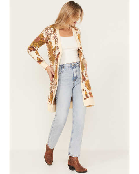 Image #2 - Cleo + Wolf Women's Floral Knit Jacquard Long Cardigan Sweater, Cream, hi-res