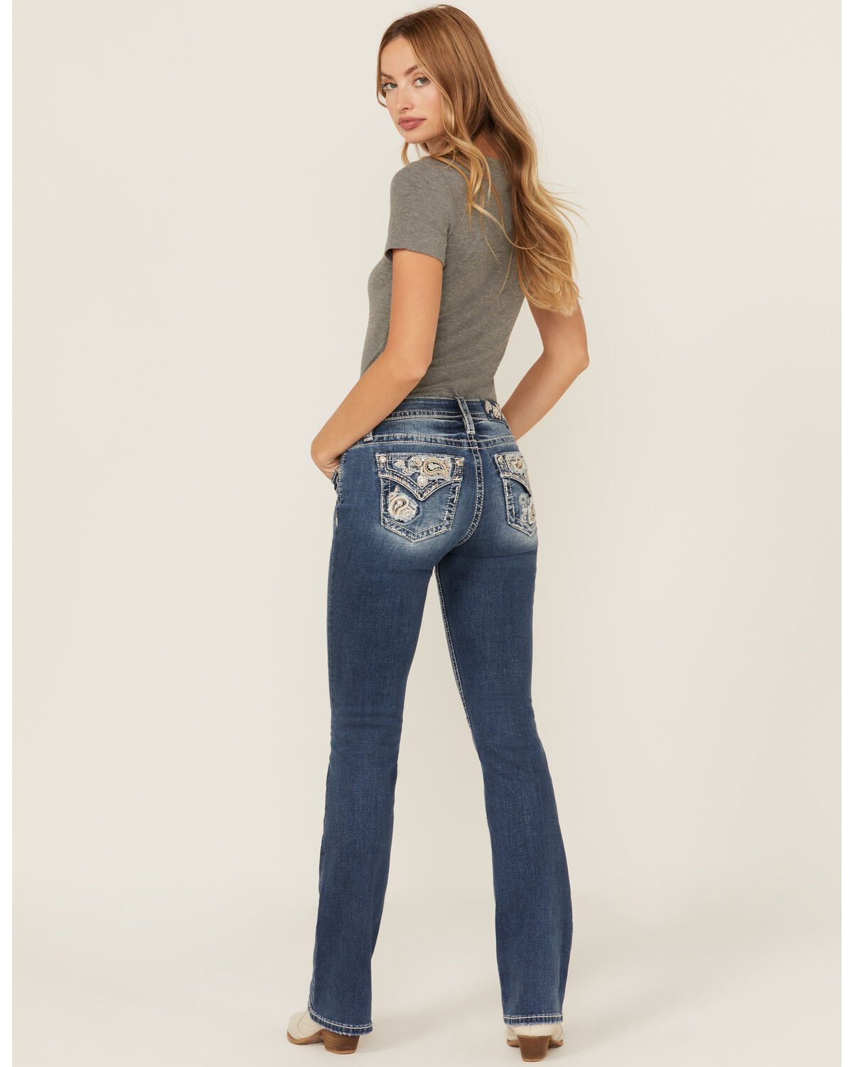 Image #1 - Miss Me Women's Dark Wash Mid Rise Paisley Pocket Bootcut Stretch Denim Jeans, Dark Wash, hi-res