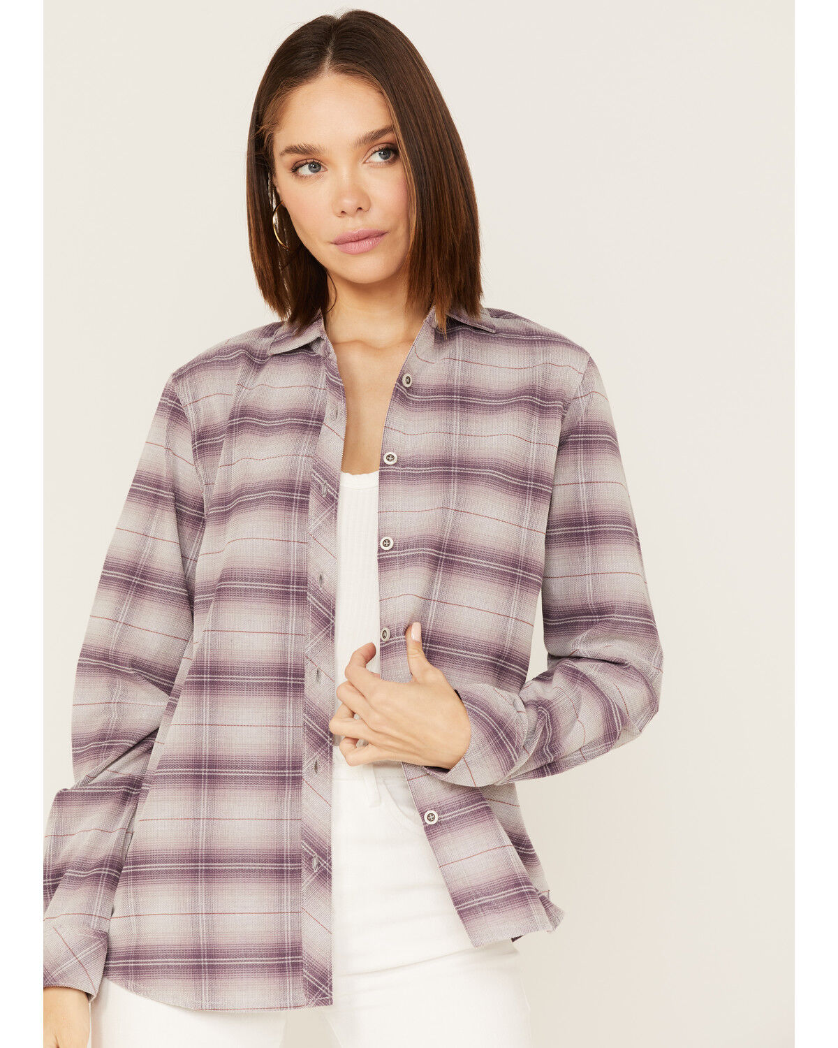 Image #1 - North River Women's Plaid Print Long Sleeve Button Down Boyfriend Shirt, Violet, hi-res