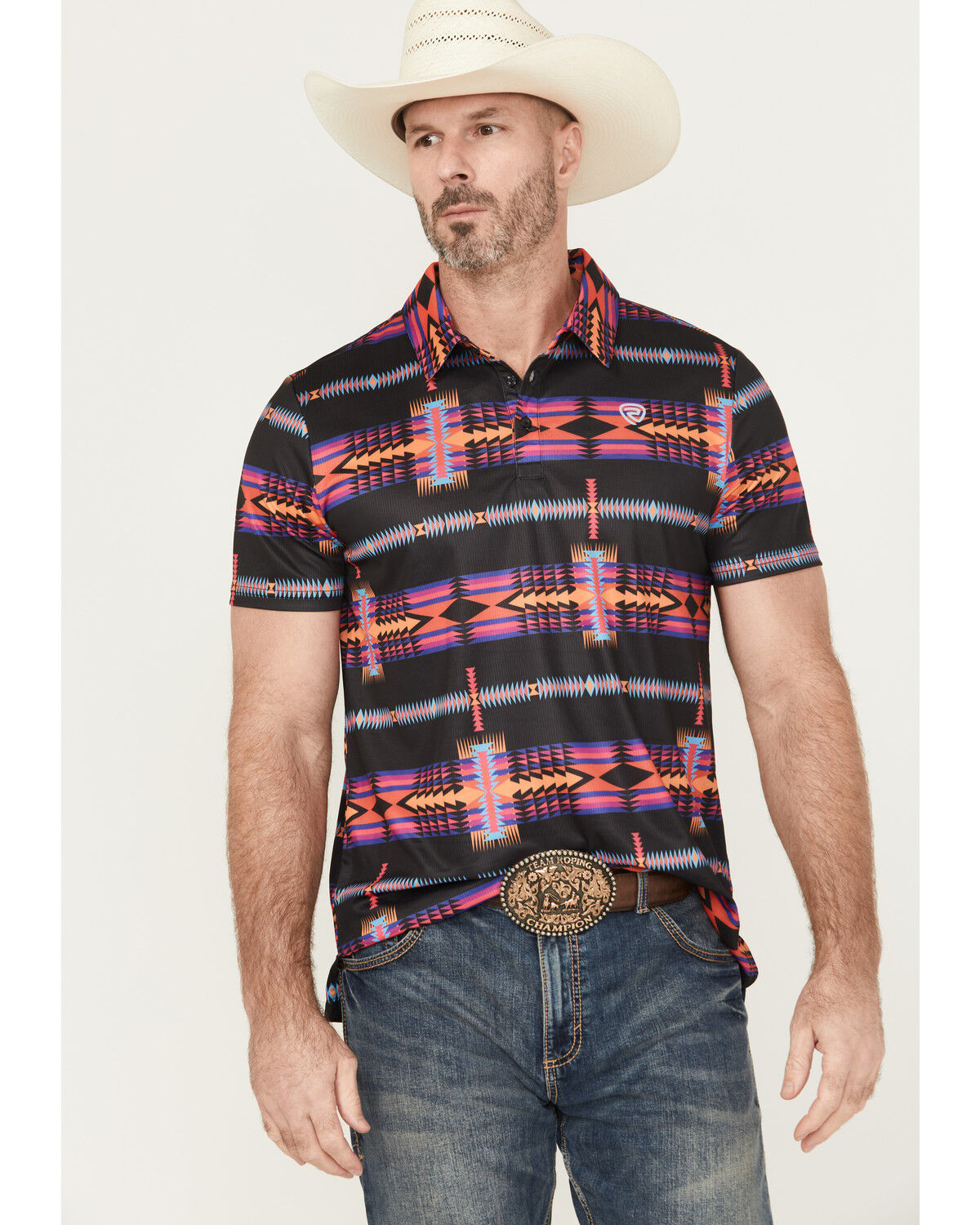 Image #1 - Rock & Roll Denim Men's Boot Barn Exclusive Southwestern Print Short Sleeve Polo, Black, hi-res