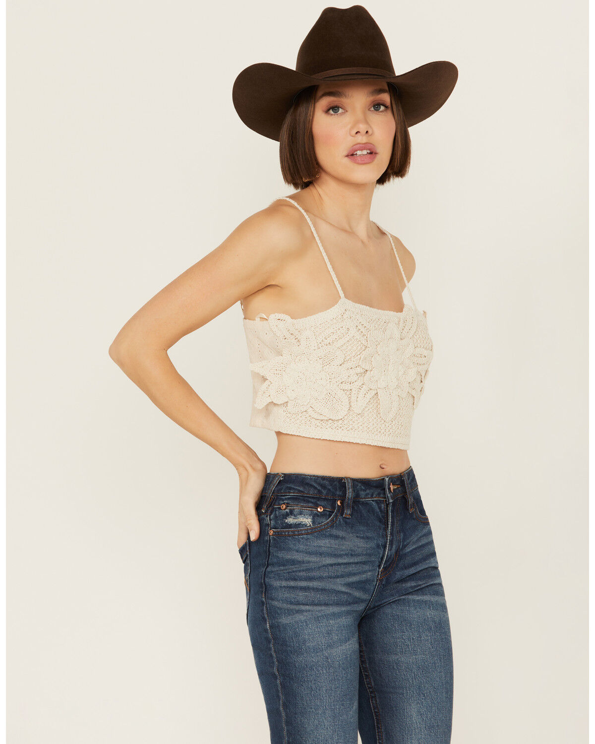 Image #2 - Miss Me Women's Flower Embellished Cropped Tank, Cream, hi-res