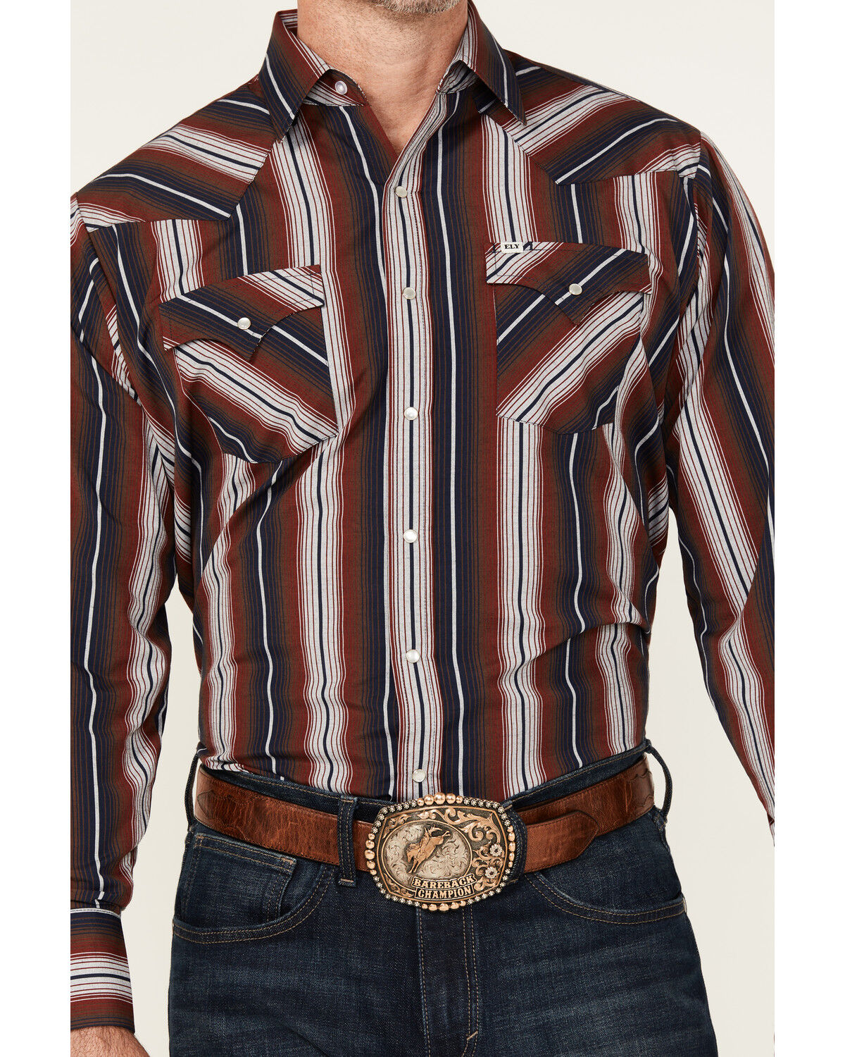 Image #3 - Ely Walker Men's Striped Long Sleeve Pearl Snap Western Shirt, Burgundy, hi-res