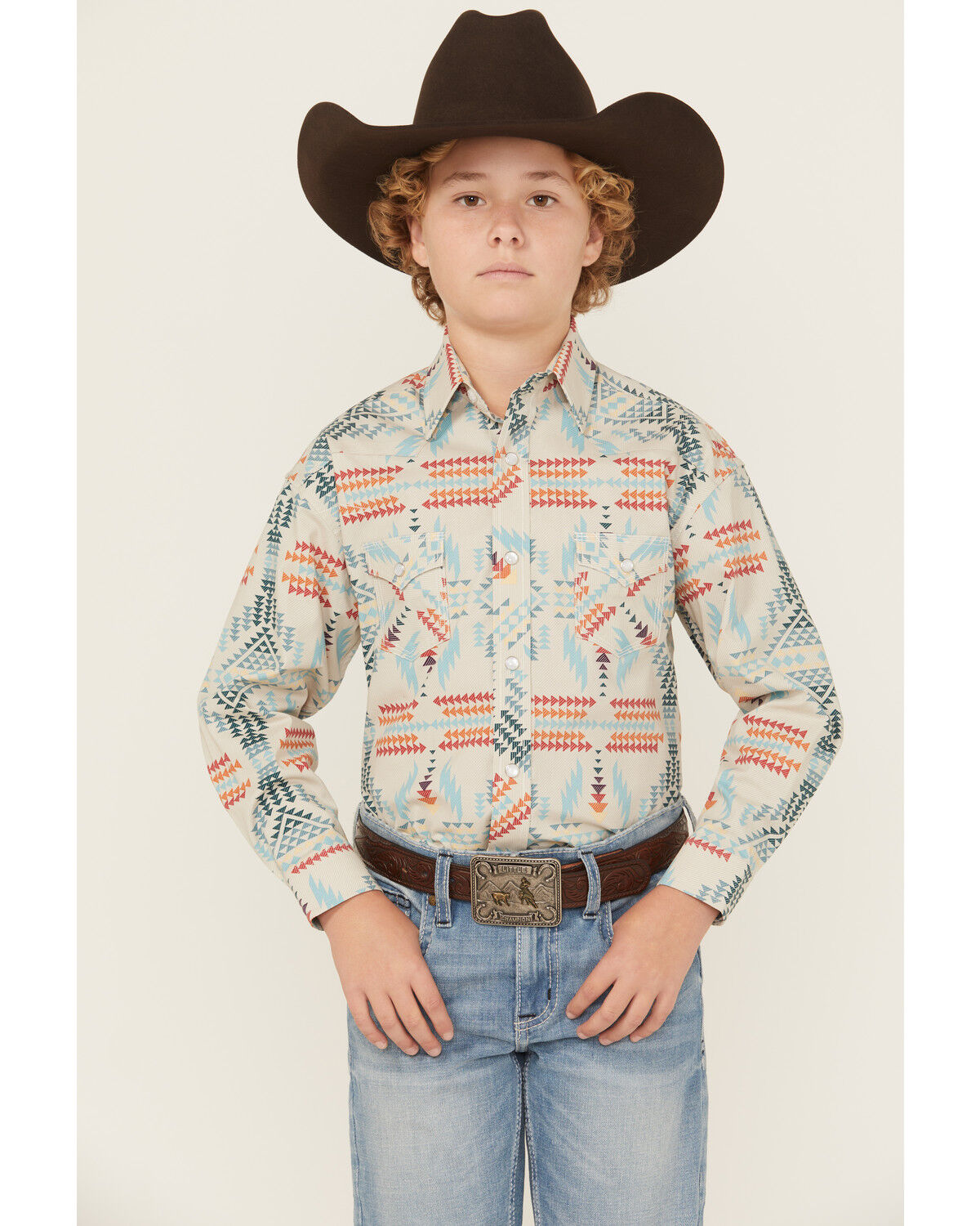 Image #1 - Rock & Roll Denim Boys' Southwestern Print Long Sleeve Pearl Snap Stretch Western Shirt, Ivory, hi-res