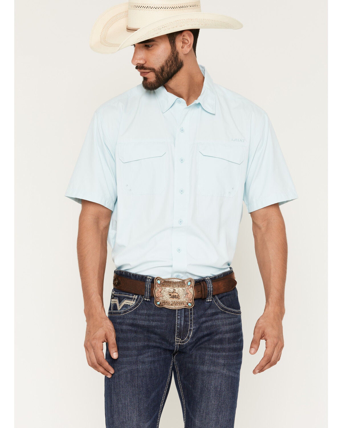 Ariat Men's VentTEK Outbound Solid Short Sleeve Button-Down Western Shirt, Aqua, hi-res
