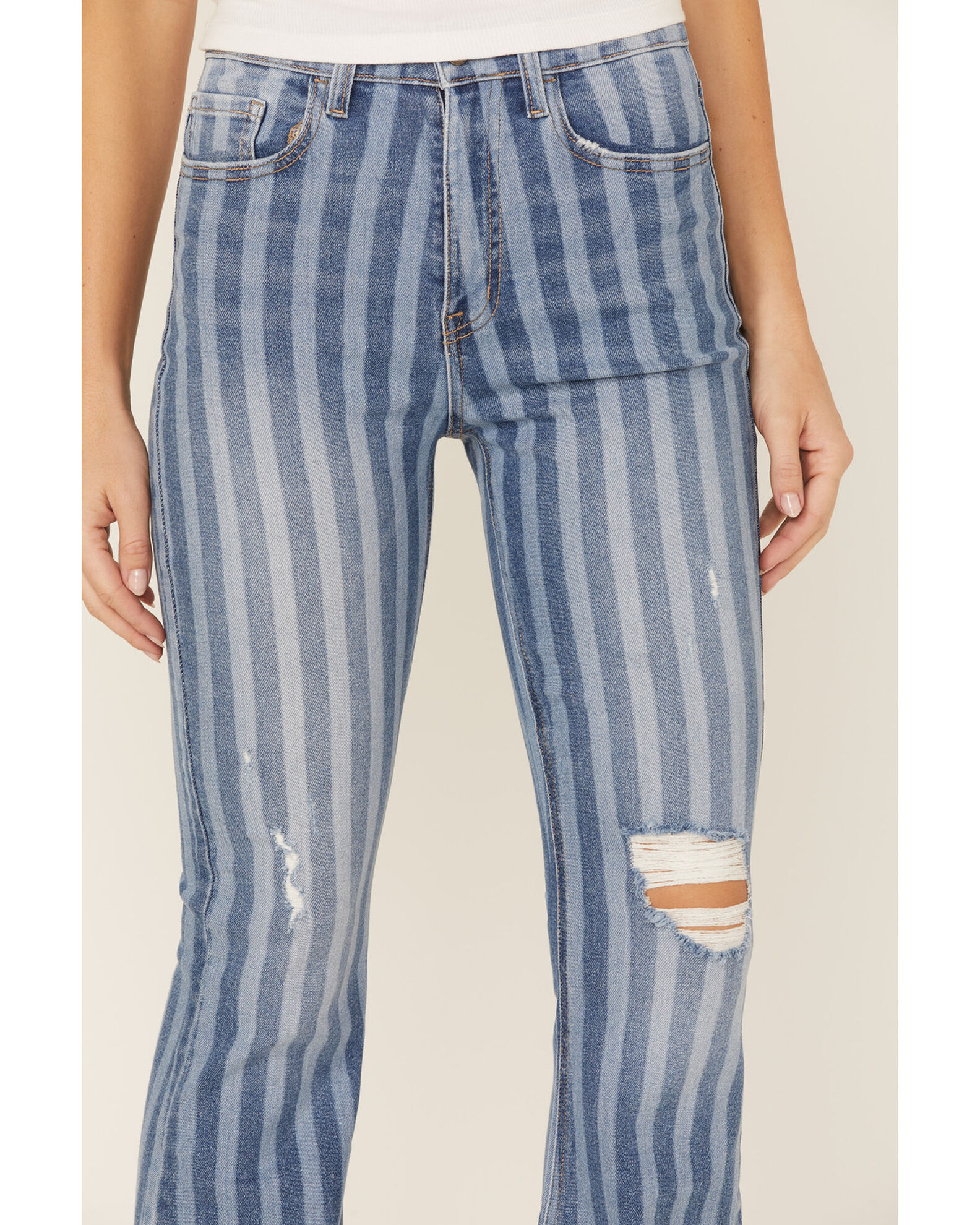Image #2 - Cello Women's Stripe Destruction Flare Jeans, Blue, hi-res