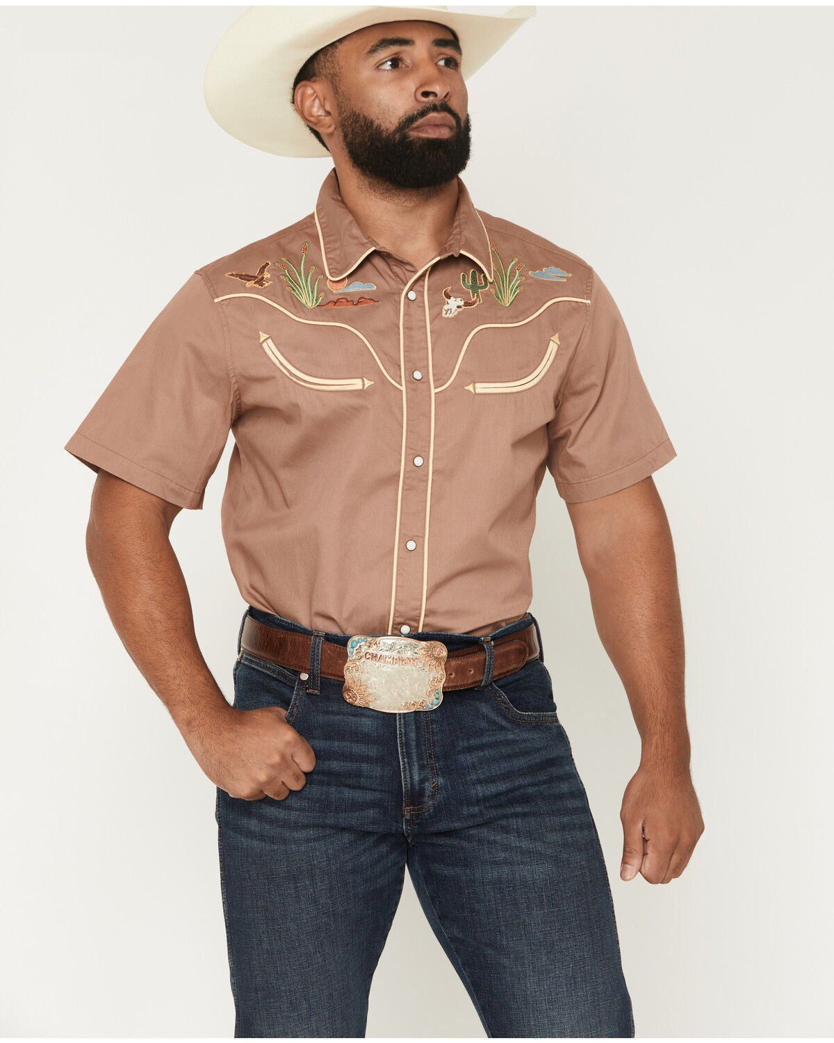 Sendero Provisions Men's Prescott Embroidered Short Sleeve Snap Western Shirt, Tan, hi-res