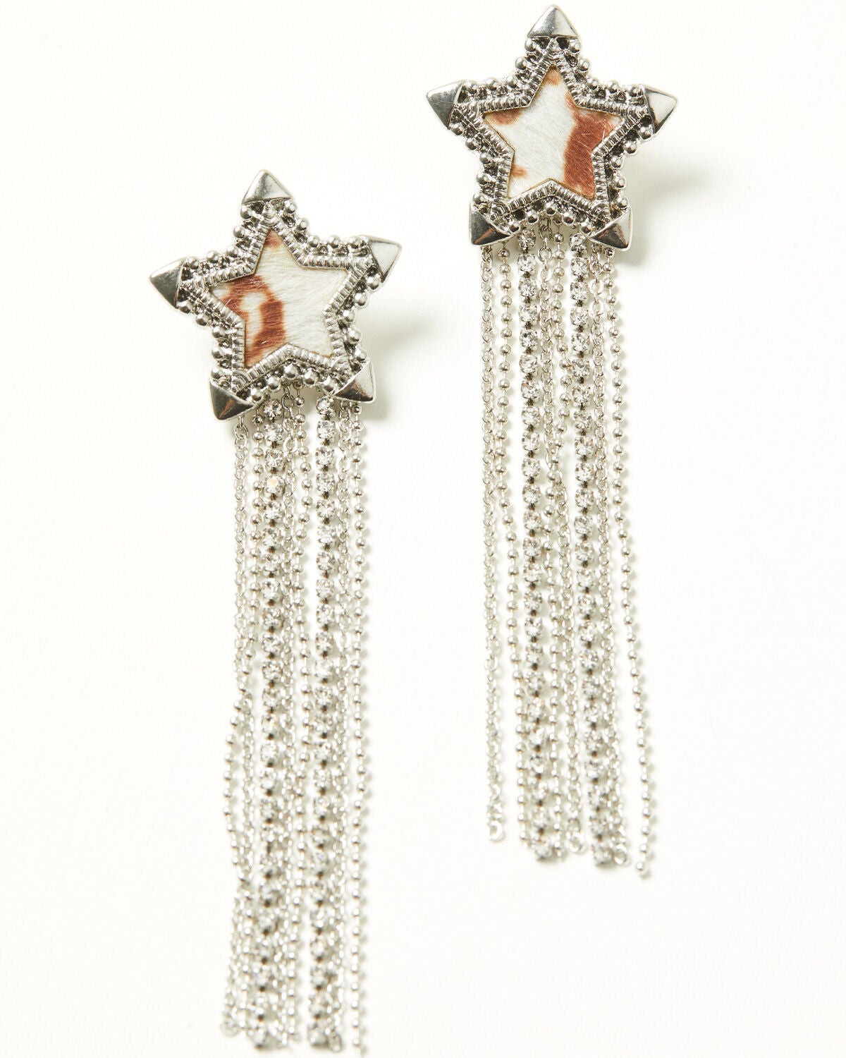 Shyanne Women's Star Cowhide Fringe Statement Earrings, Silver, hi-res