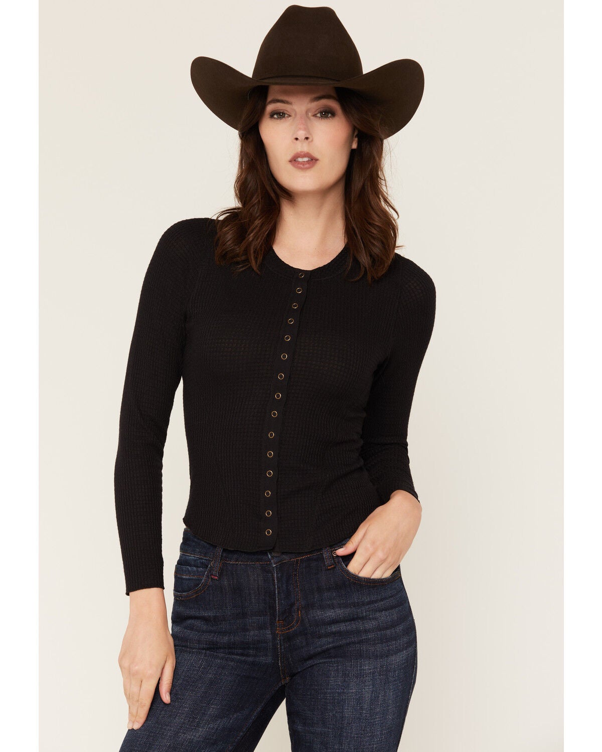 Image #1 - Idyllwind Women's Norwood Solid Long Sleeve Snap Thermal Shirt, Black, hi-res