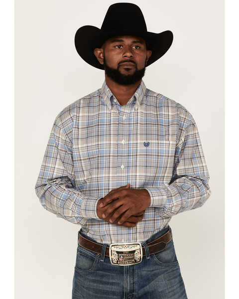 Panhandle Men's Medium Plaid Long Sleeve Button Down Shirt, Blue, hi-res
