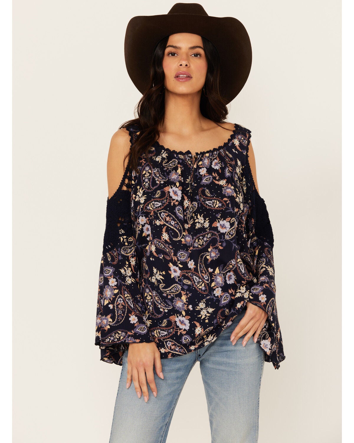 Bila Women's Floral Print Long Sleeve Cold Shoulder Shirt, Blue, hi-res