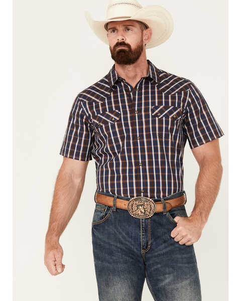 Cody James Men's Joe Plaid Print Short Sleeve Snap Western Shirt, Brown, hi-res