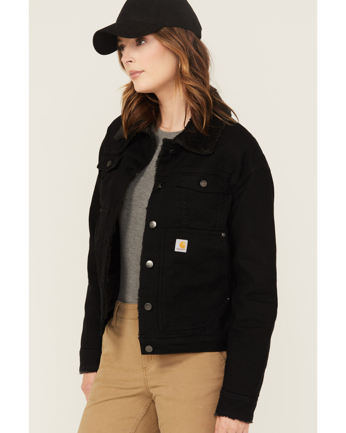 Image #2 - Carhartt Women's Rugged Flex® Loose Fit Canvas Sherpa Lined Work Jacket, Black, hi-res