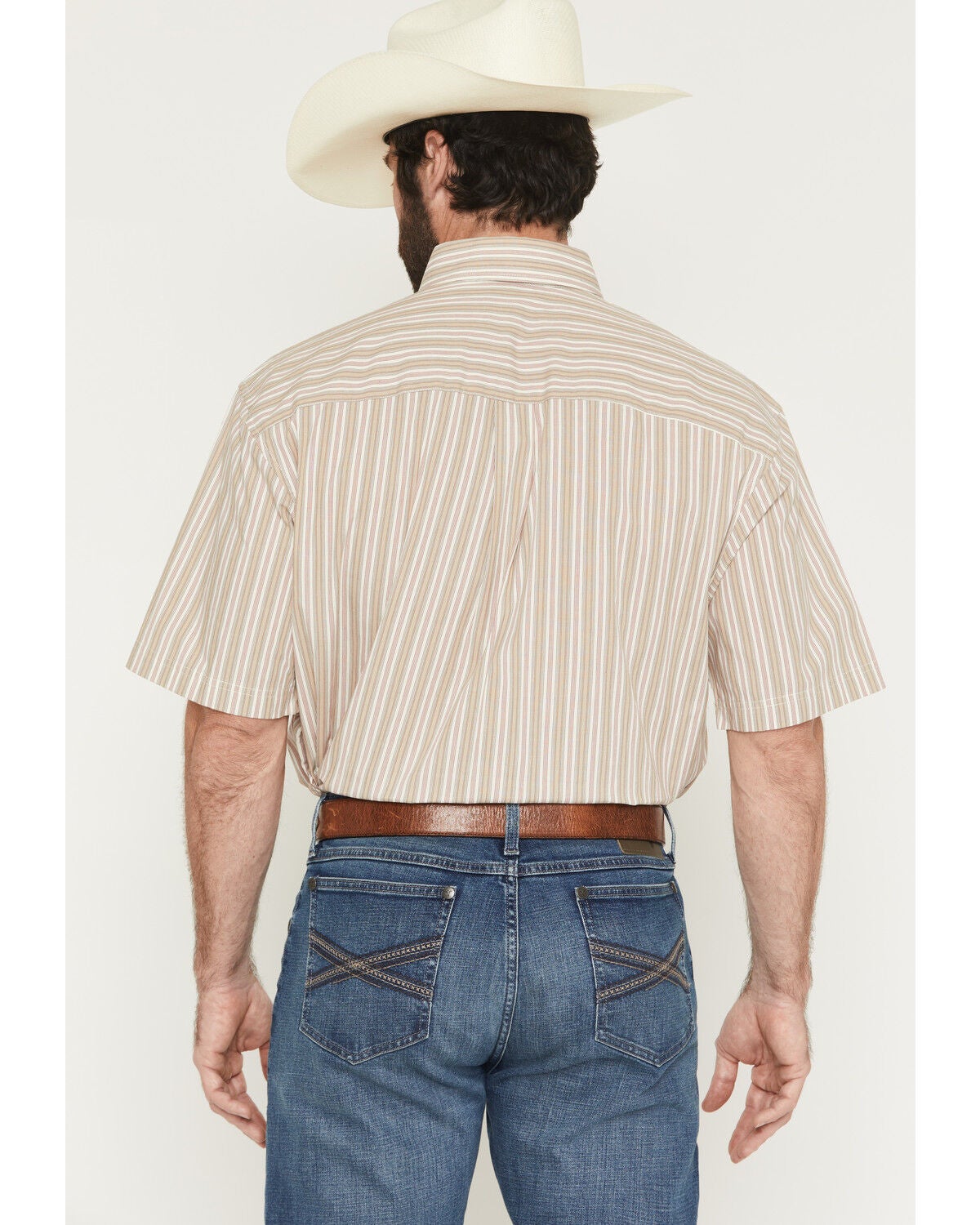 Image #4 - George Strait by Wrangler Men's Striped Short Sleeve Button-Down Stretch Western Shirt, Tan, hi-res