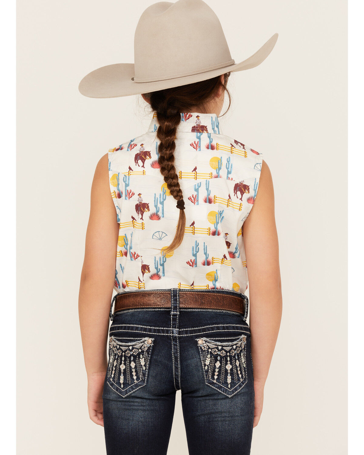 Image #4 - Rock & Roll Denim Girls' Cowboy Horse Print Sleeveless Western Snap Shirt, Turquoise, hi-res