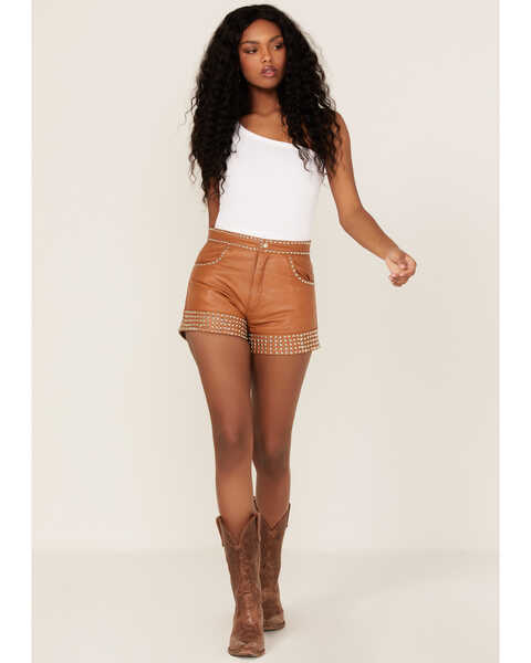 Understated Leather Women's High Rise Studded Leather Thelma Shorts, Tan, hi-res