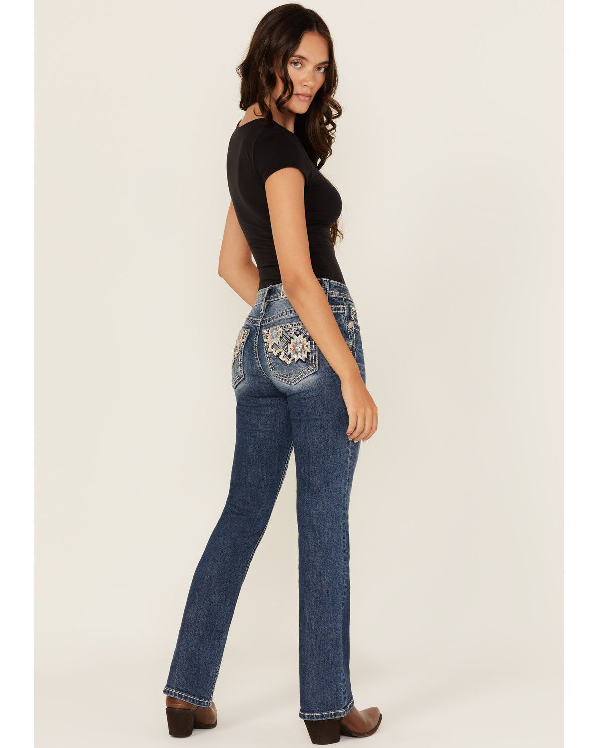 Image #1 - Miss Me Women's Medium Wash Mid Rise Geo Pocket Bootcut Stretch Denim Jeans, Medium Wash, hi-res
