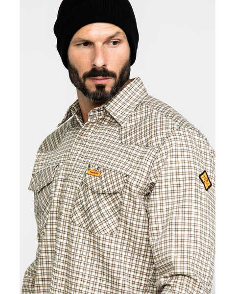 Image #5 - Wrangler Men's FR Plaid Print Long Sleeve Snap Work Shirt, Khaki, hi-res