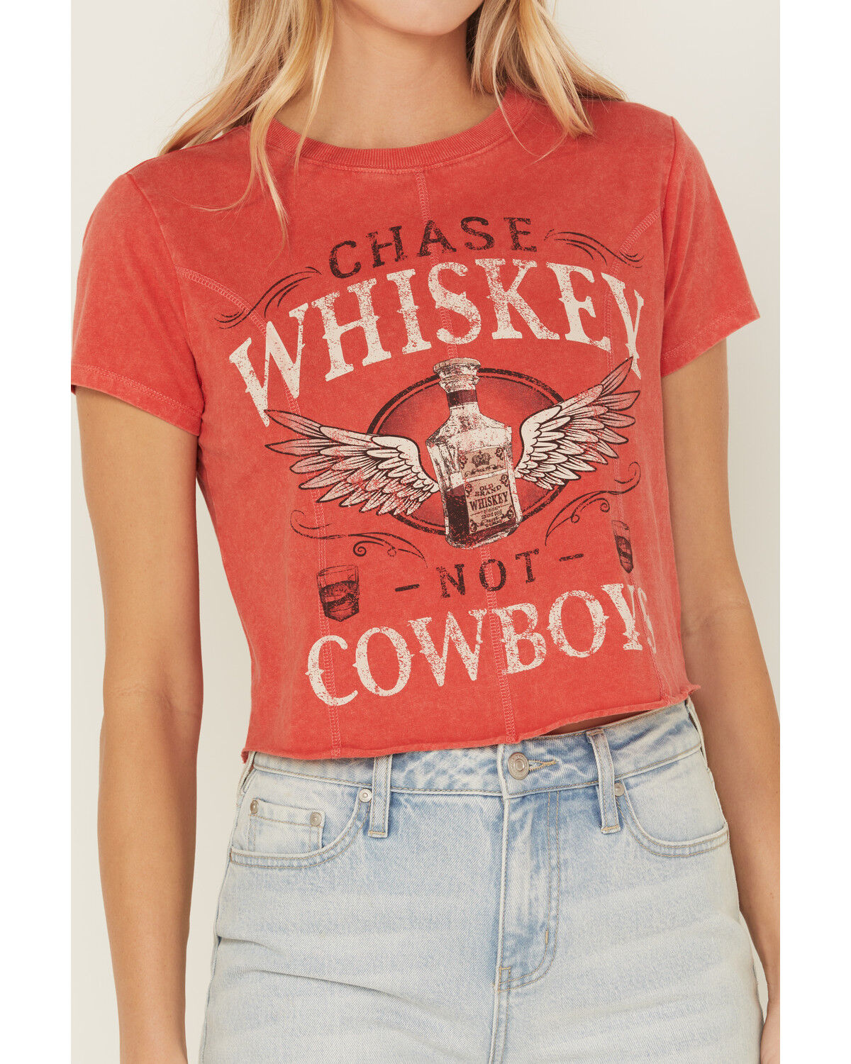 Image #3 - Shyanne Women's Chase Whiskey Not Cowboys Short Sleeve Cropped Graphic Tee, Red, hi-res