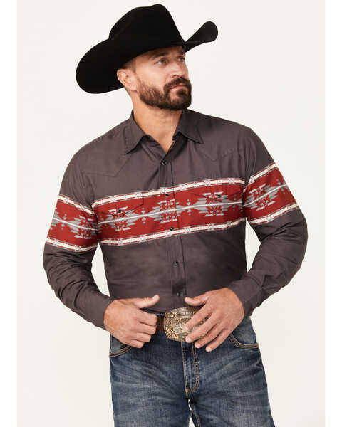 Roper Men's Vintage Southwestern Print Long Sleeve Snap Western Shirt , Dark Grey, hi-res