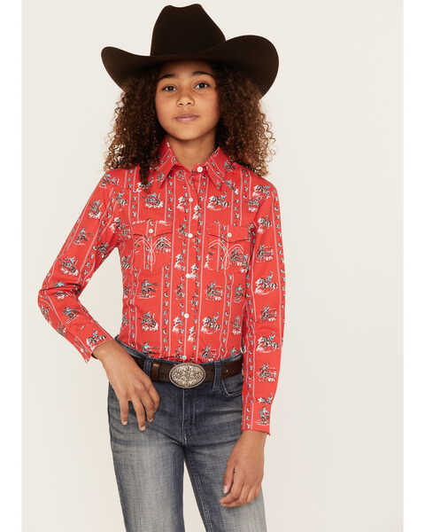 Panhandle Girls' Striped Cowboy Print Long Sleeve Pearl Snap Western Shirt, Red, hi-res