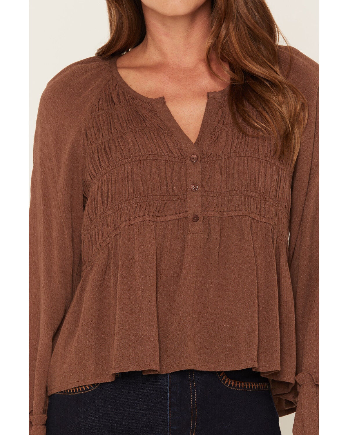 Image #3 - Lovestitch Women's Rouched Front Long Sleeve Top, Brown, hi-res